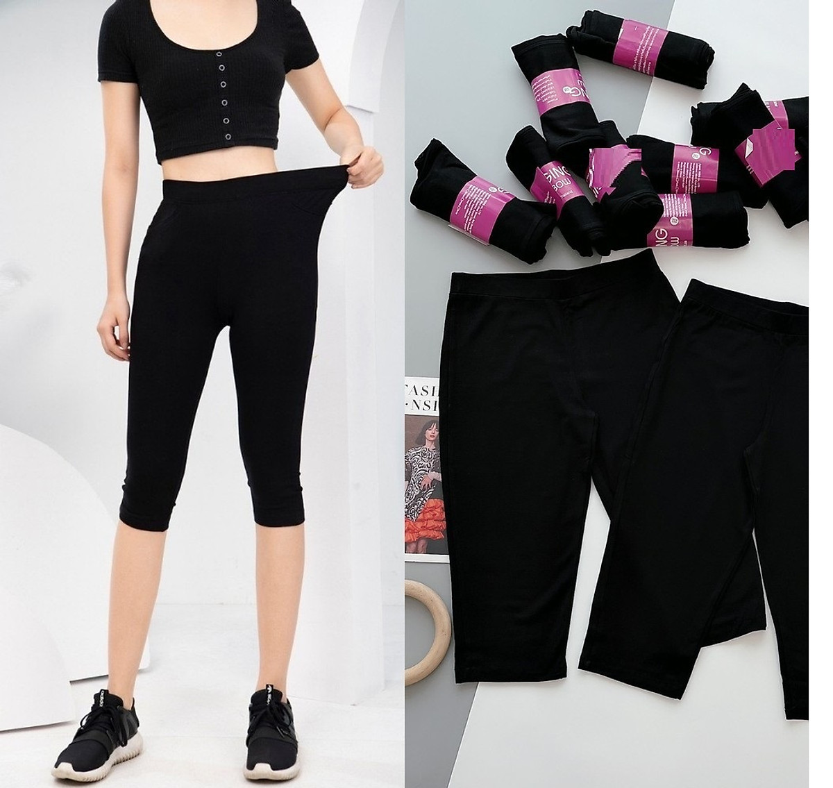 Quần legging Ngố cuộn Hồng co gian năng động