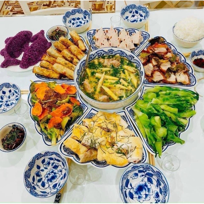 Sét bộ đồ ăn hoa măt trời vẽ sen hàng Bát Tràng