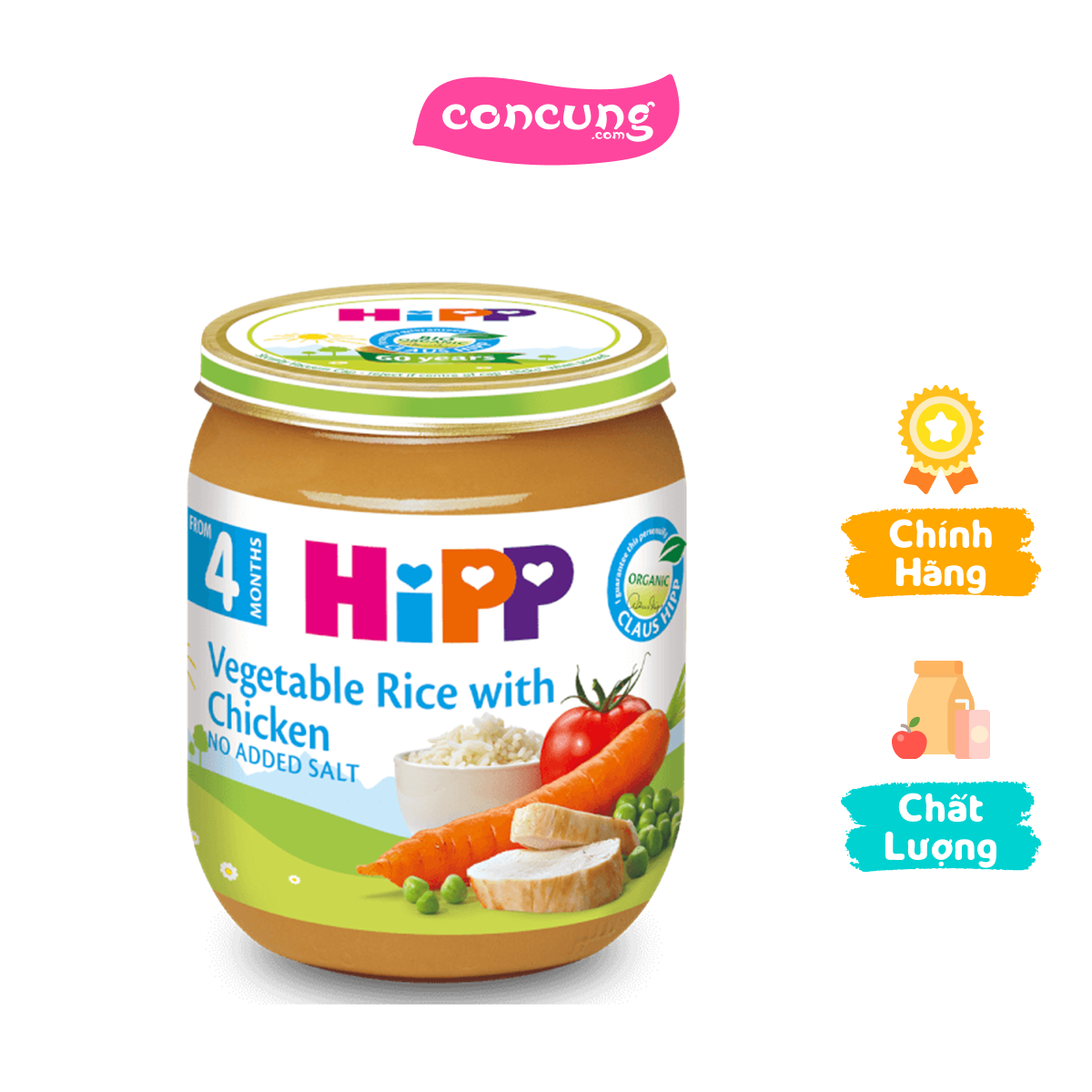 Dinh dưỡng đóng lọ HiPP Organic - Thịt gà, cơm nhuyễn, rau tổng hợp 125g