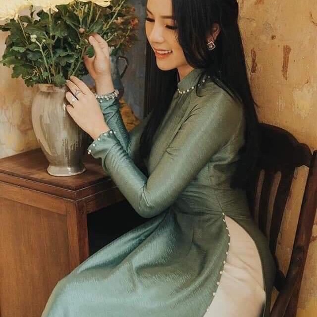 Áo dài Vân gỗ màu xanh đá vải mịn co dãn tốt