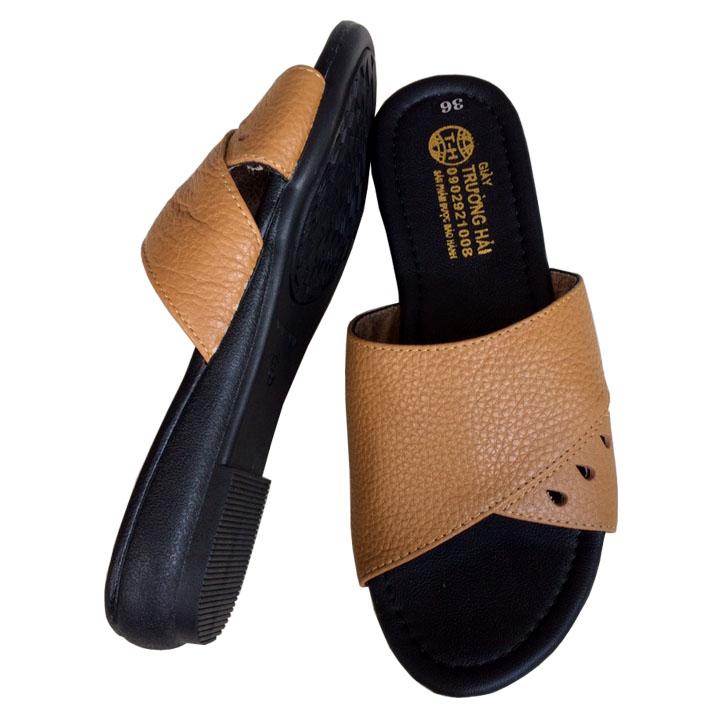 Dép nữ quai ngang 1 bản da bò đế cao su cao cấp THQNN0259