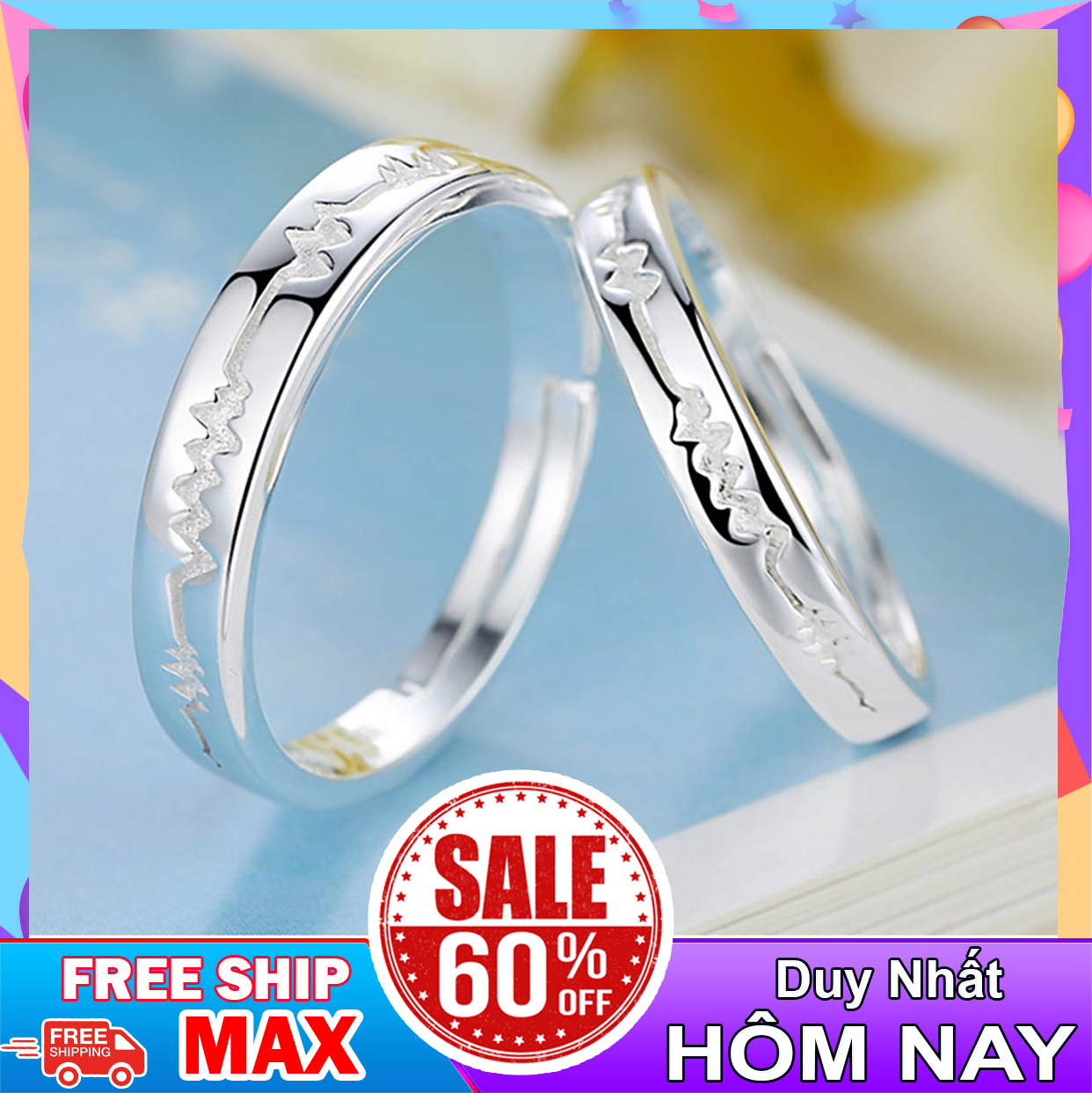 Nhẫn cặp bạc khắc hình nhịp đập - Nhẫn đôi - Trang sức bạc Panmila