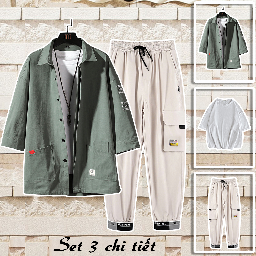 Set Bộ Quần Áo Nam Ba Món Áo Sơ Mi Cổ Đức Túi Hai Bên Cá Tính Kết Hợp Với Quần Túi Hộp Bo Ống Đi Kèm Áo Phông Năng Động Thời Trang 4MENHN SET NAM 90000150