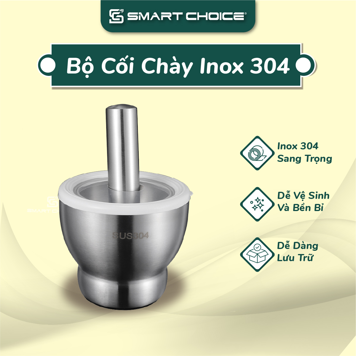 Cối chày inox 304 smartchoice scg-pk scg-pk170, cối chày inox 304 cao cấp, bộ cối chày inox 304 tiện dụng.