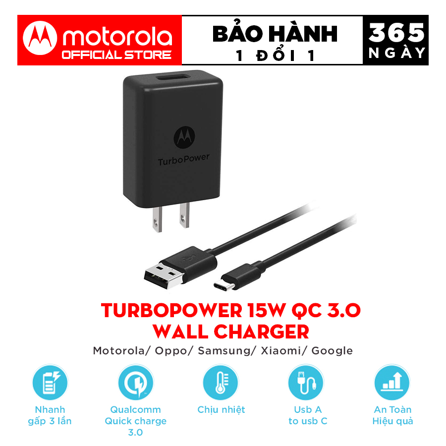 Bộ Sạc Cáp Motorola TurboPower 15+ Wall Charger - Cổng sạc USB 15W - USB A  to TypeC/Micro  - Hỗ trợ sạc nhanh - dây sạc 1m - Bảo hành 12 tháng  