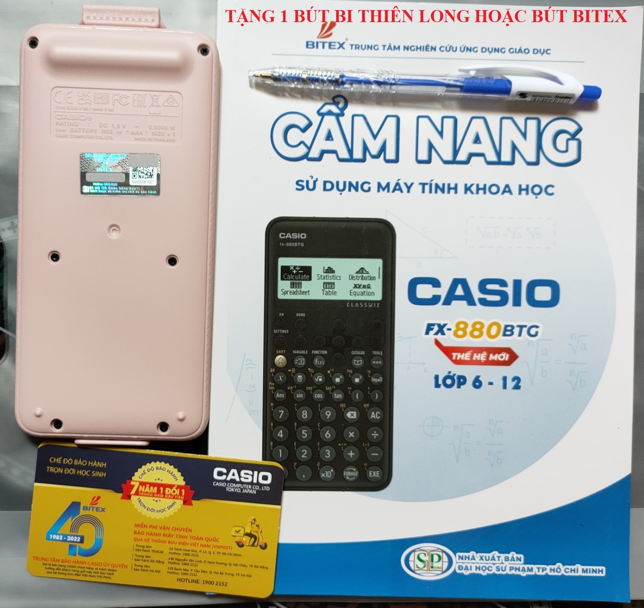 Combo máy tính Casio 880BTG Hồng và Cẩm nang HDSD