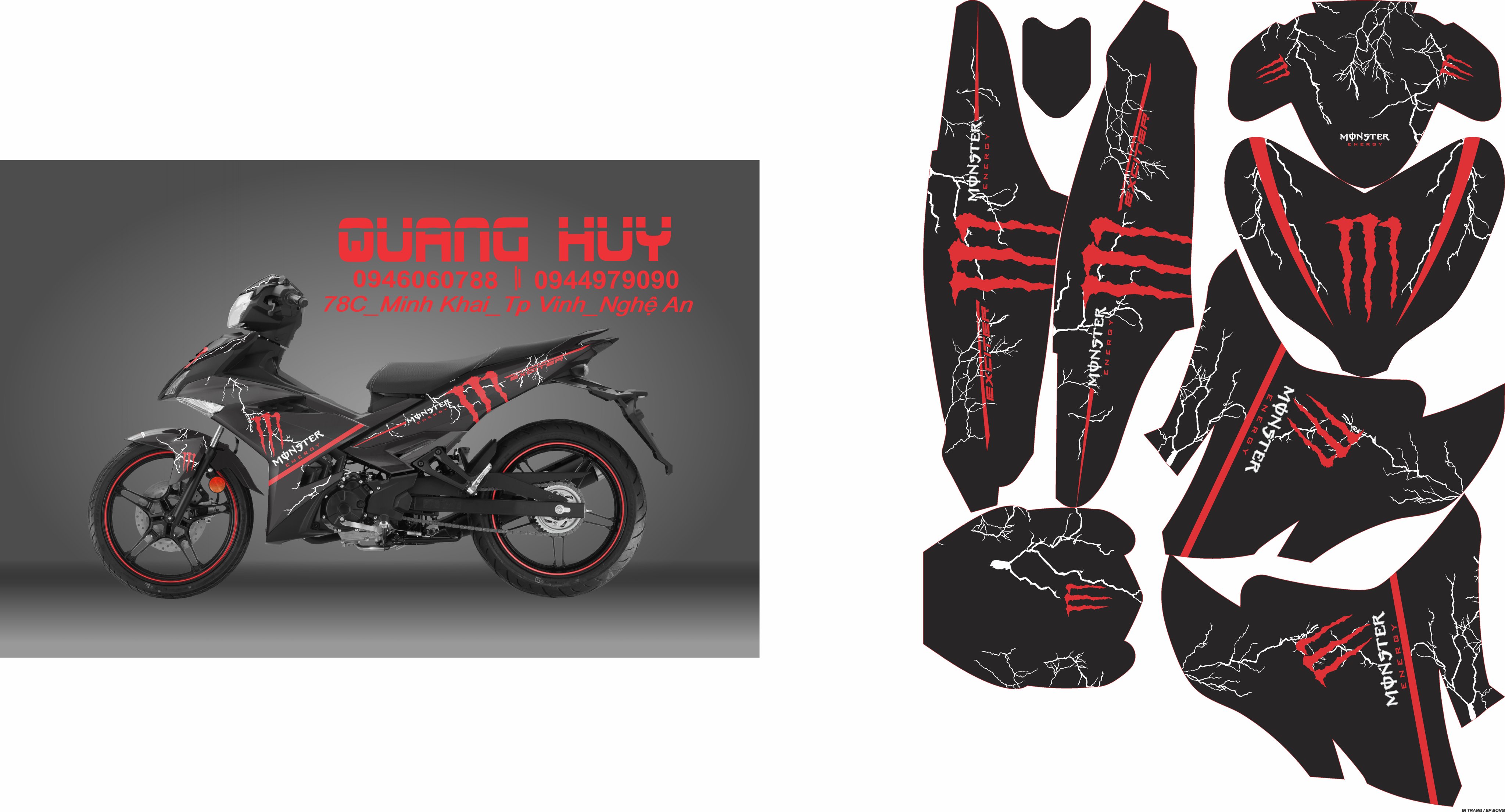 TEM TRÙM EXCITER 150 ĐỎ ĐEN MONSTER SÉT ĐẸP  Tem trùm xe exciter 150 đỏ đen mONSTER độ đẹp - Tem xe máy exciter 150 đỏ đen thiết kế theo yêu cầu - tem trùm xe exciter 150 đẹp, rẻ chất
