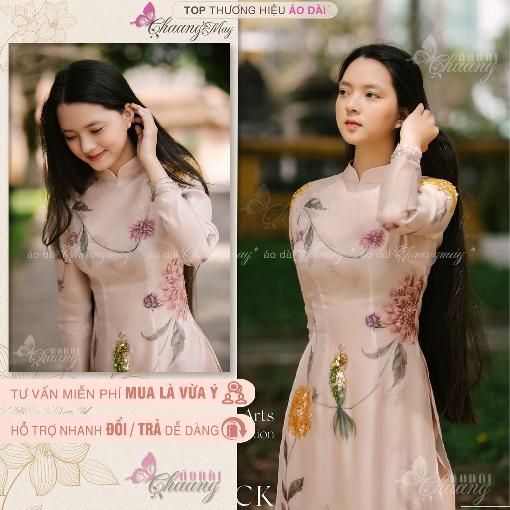 Áo dài hoa nhí cúc thược dược hồng đất CHAANG may sẵn lụa tơ óng 4 tà dự tiệc lễ tết đẹp ADC601