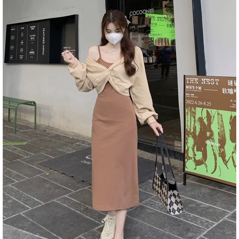Set váy áo soắn ngực cá tính đầm 2 dây nữ dáng dài