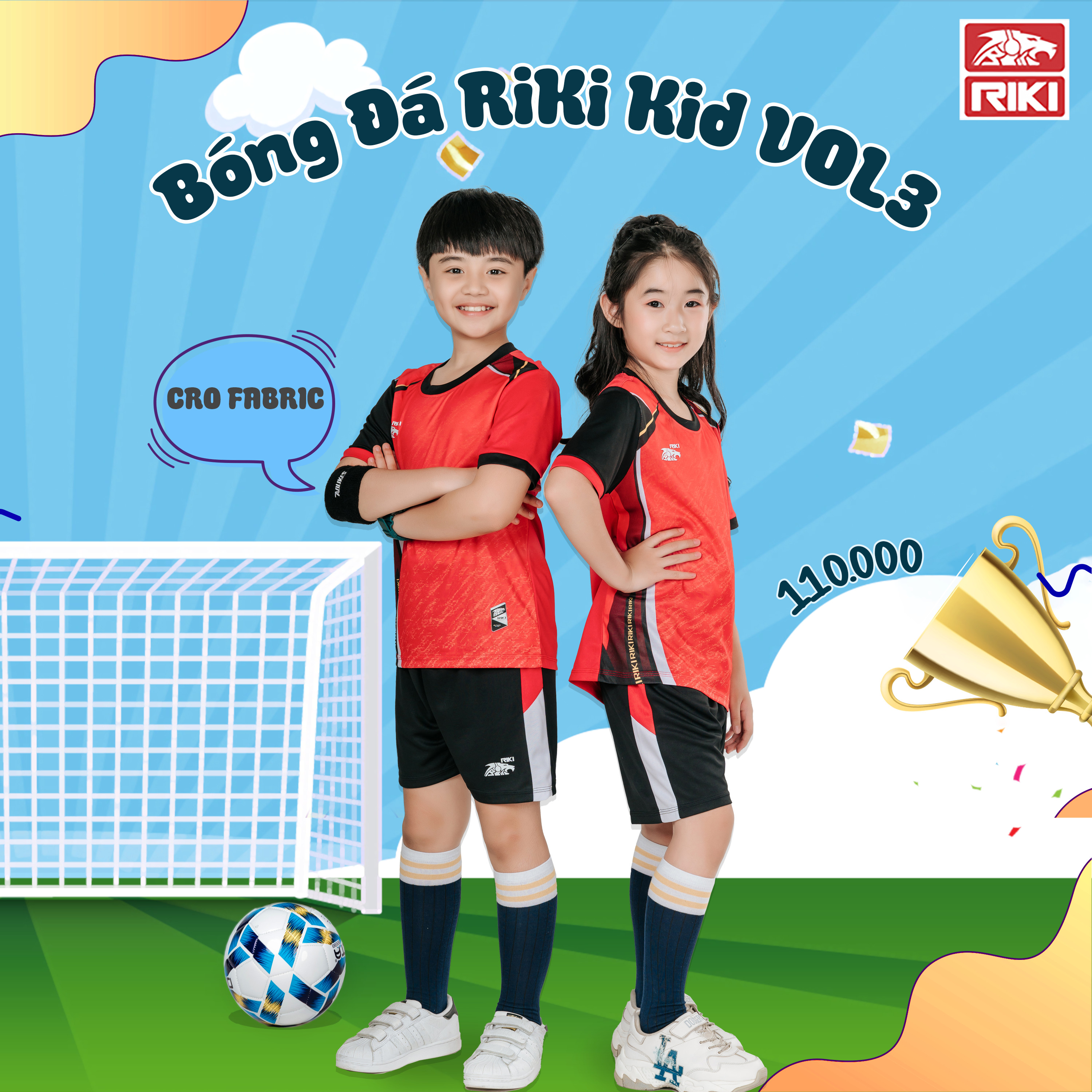 Quần áo đá banh trẻ em không logo riki vol3 màu đỏ có in tên số