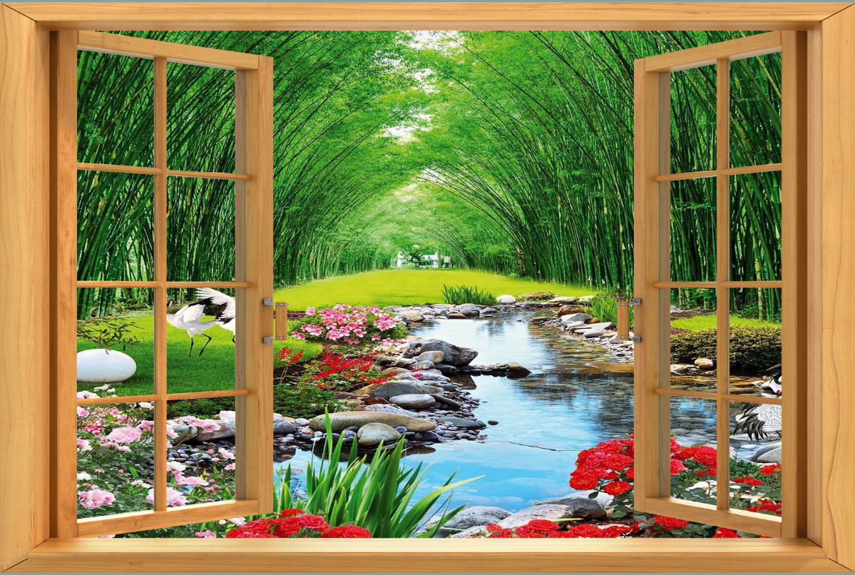 TRANH DÁN TƯỜNG 3D PHONG CẢNH RỪNG TRE SAU CỬA SỔ CS3620 - YAN SHOP