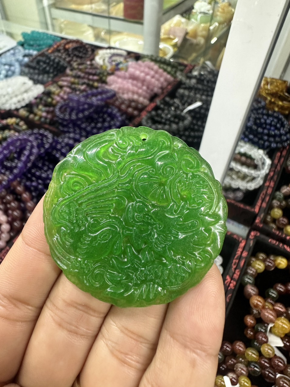 Mặt dây chuyền Rồng Phượng phong thủy đá ngọc thạch anh xanh