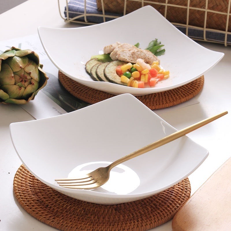 Bộ 2 Dĩa Sứ Vuông Trắng Trơn Sâu Lòng 17cm, Dĩa Decor, Đựng Thức Ăn Tráng Men Cao Cấp Thanh Lịch