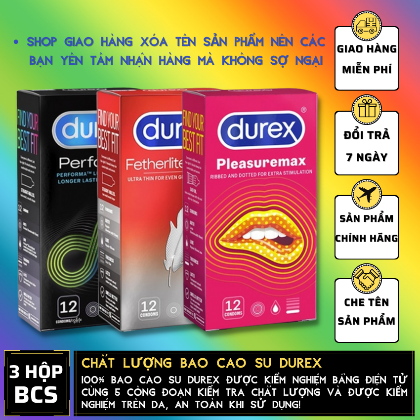 FREESHIP 03 Hộp Durex Performa kéo dài thời gian quan hệ + Fetherlite siêu mỏng + Pleasuremax gân gai [Che tên sản phẩm]