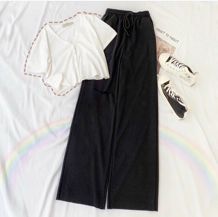 SET BỘ QUẦN SUỐNG ĐEN RÁCH + CROP V CUỐN BIÊN🔥