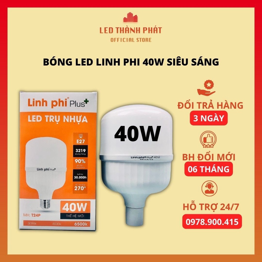 Bóng đèn led 40w siêu sáng tiết kiệm điện chống nước, led bulb trụ chính hãng linh phi bh đổi mới 6 tháng