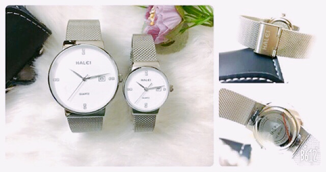 Đồng hồ cặp đôi nam, nữ dây thép lụa Halei Sliver