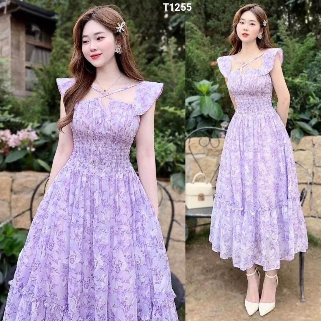 Đầm voan hoa maxxi xòe mocking 2 dây eo nhún màu y hình dạo phố đi biển T1255
