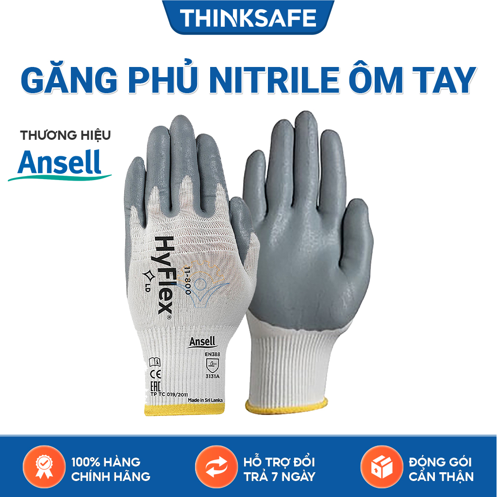 Găng tay đa năng Ansell Hyflex 11-800 bao tay chống dầu nhớt, độ khéo léo cao, bao tay lao động cơ khí, kỹ thuật chính xác, Thinksafe