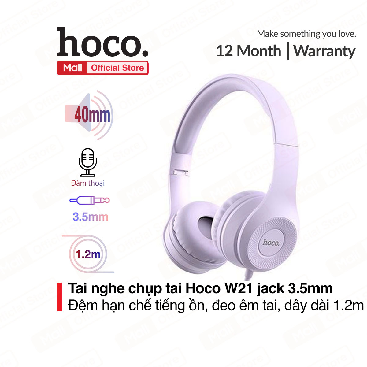 Tai nghe chụp tai Hoco W21 loa ngoài 40mm, công suất định mức 10mW, đệm hạn chế đau tai khi sử dụng và âm thanh lọt ra ngoài, có micro đàm thoại, kết nối dây 3.5mm, dài 1.2m