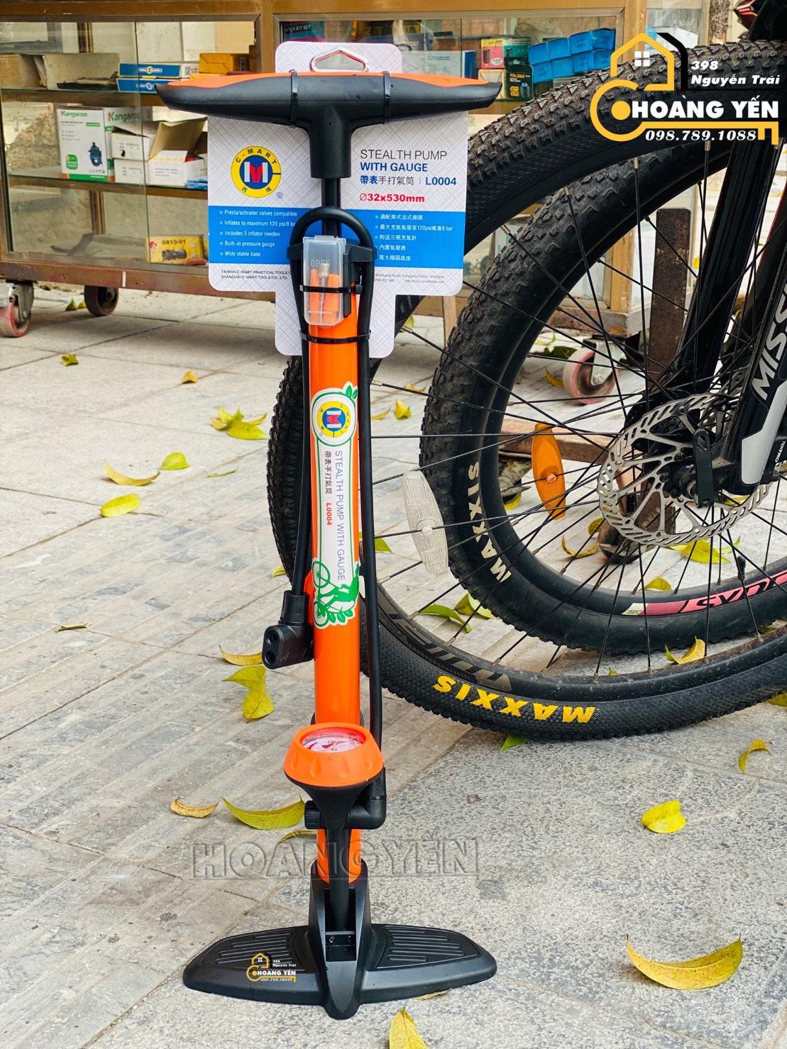 Bơm lốp xe đạp, bơm xe máy, bơm ô tô có đồng hồ c-mart l0004