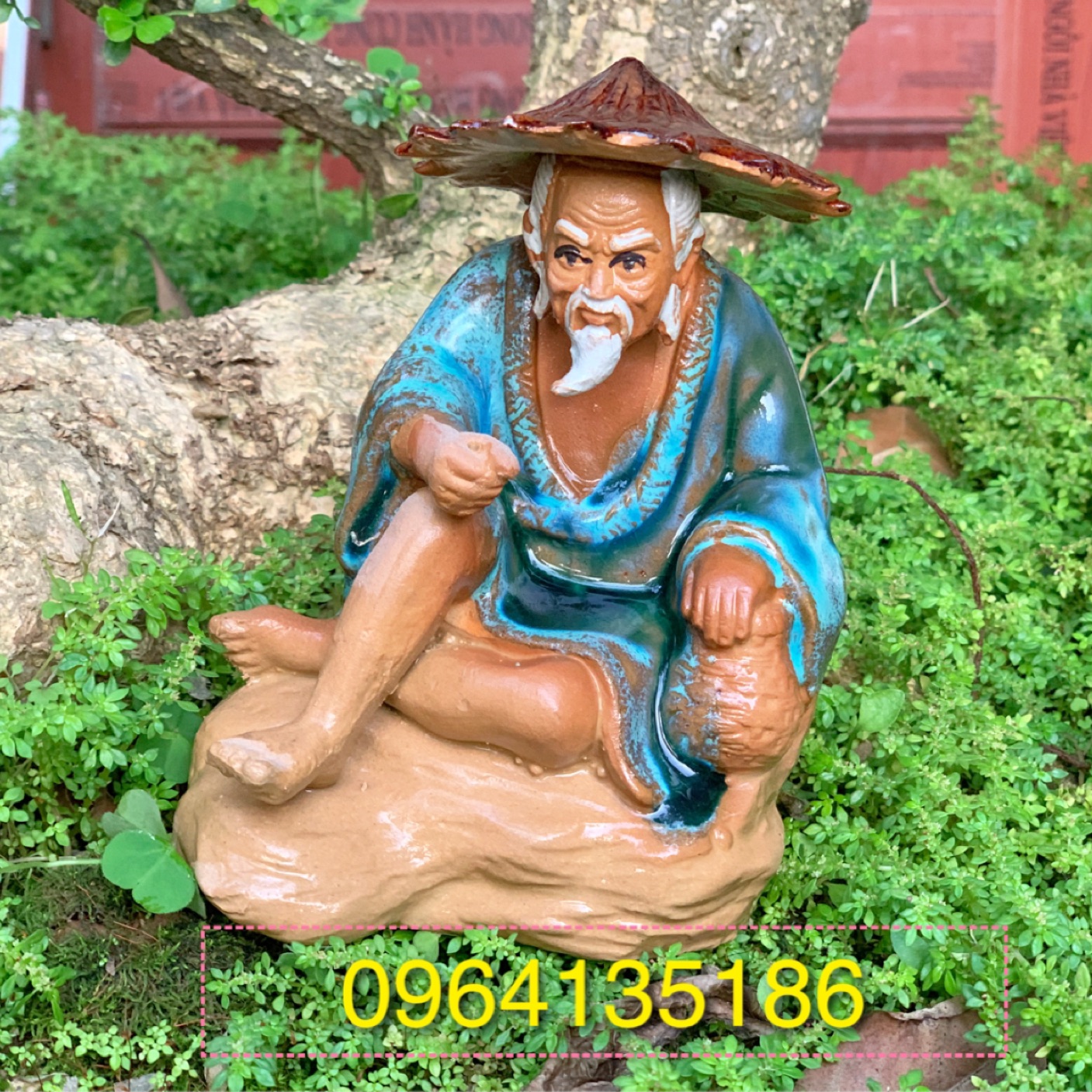 Tượng lão vọng câu cá h14cm gốm sứ Bát Tràng