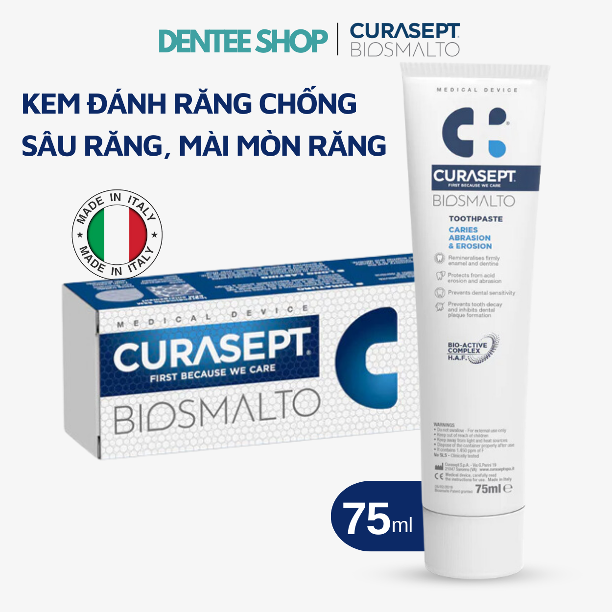 Kem đánh răng Ý chống sâu răng Curasept Biosmalto Caries 75ml