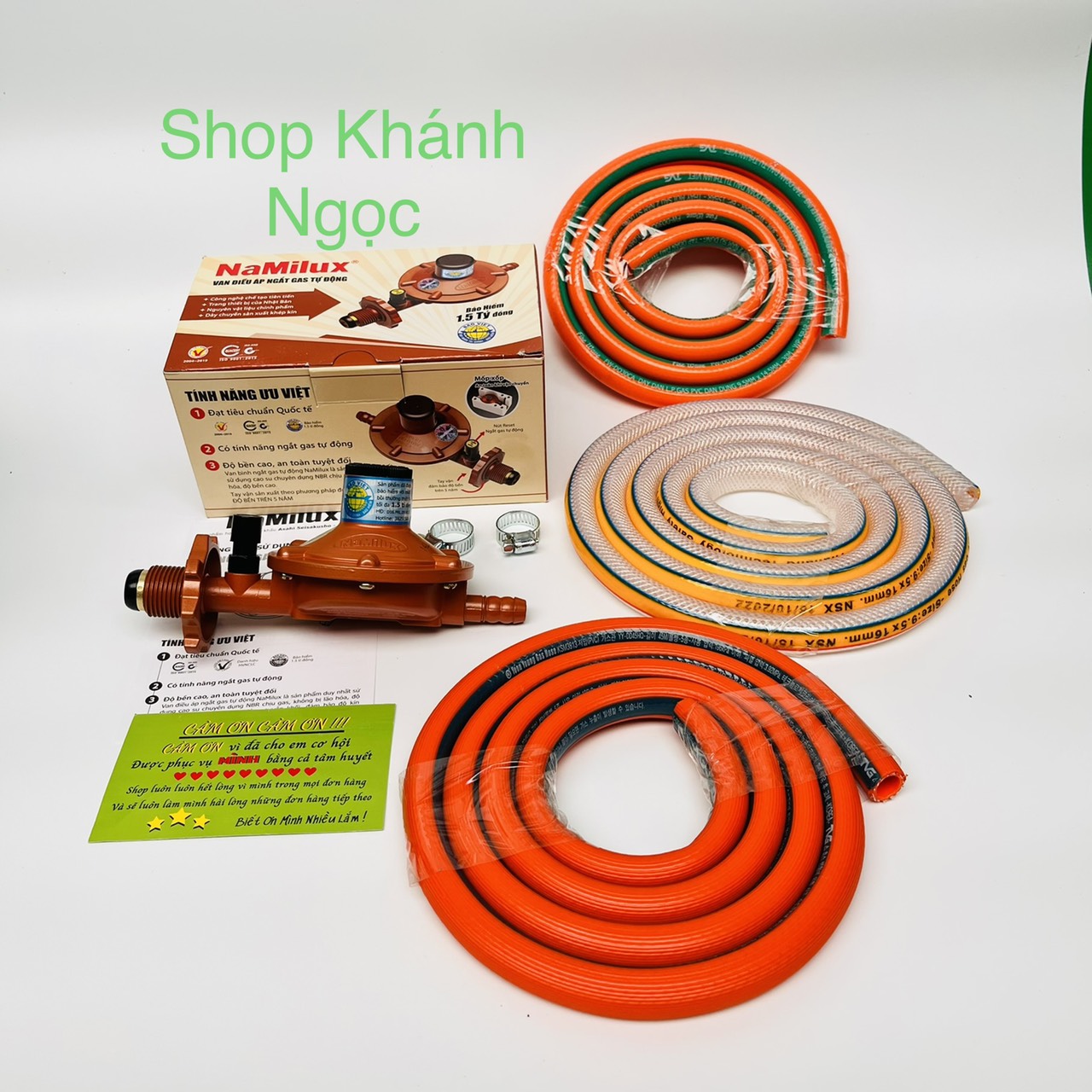 Van gas tự động NAMILUX +DÂY dẫn gas đai siết- Tự động ngắt gas, Lắp cho Tất cả các bình gas, Trừ bình đỏ,Xanh van chụp
