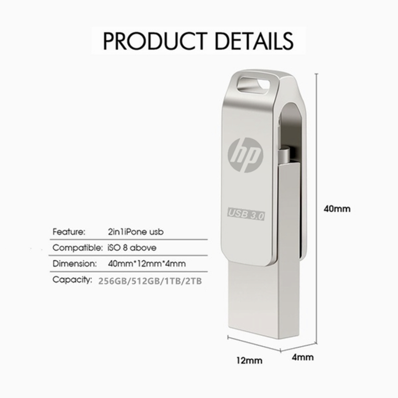 HP Ổ Cứng Di Động 512GB 1TB 2TB Cho iPhone Thẻ Nhớ Lightning 2 Trong 1 Tương Thích Với Apple iPad Máy Tính