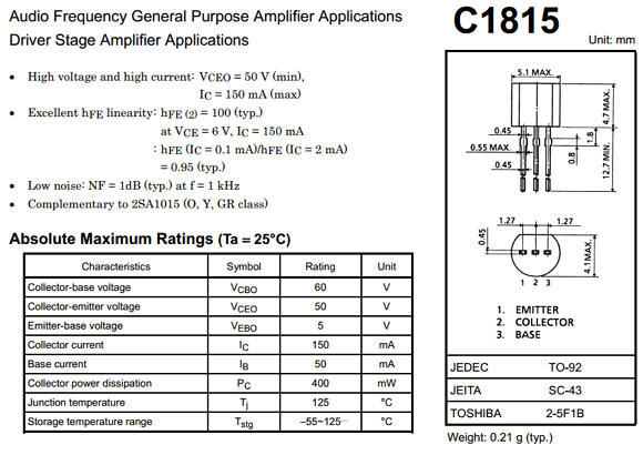 Transitor C1815 TO-92 SOT23 NPN 50V/150mA