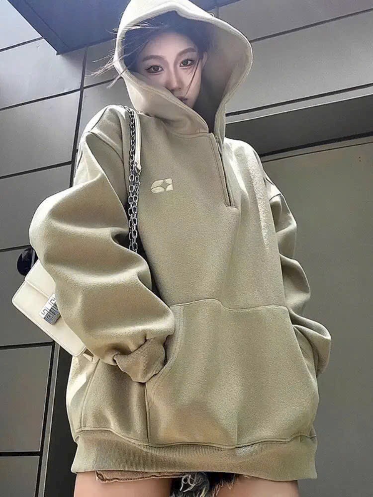 Áo hoodie cặp đôi khóa kéo nón màu xanh logo in nổi, áo khoác hoodie thu đông học sinh giữ ấm