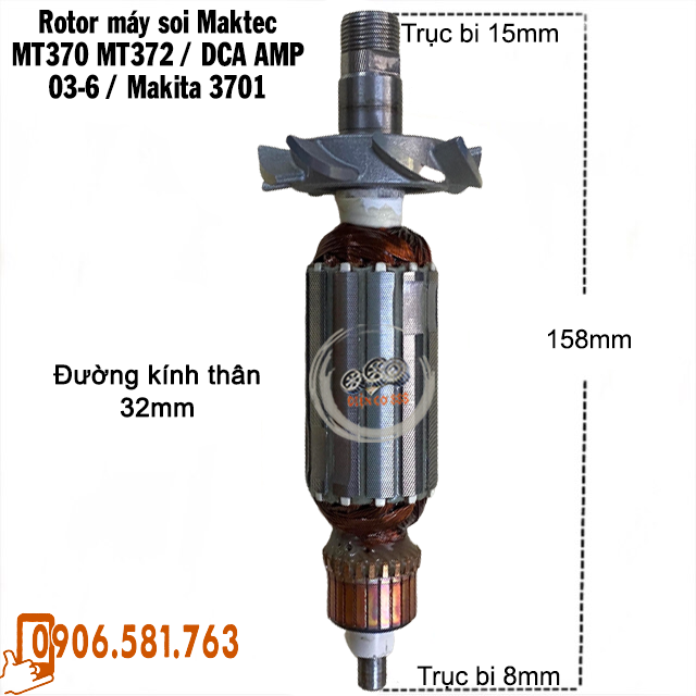 Rotor máy soi Maktec MT370 MT372 / DCA AMP 03-6 / Makita 3709 M3700B (Thân 32mm Dài 158mm) - Tặng chổi than