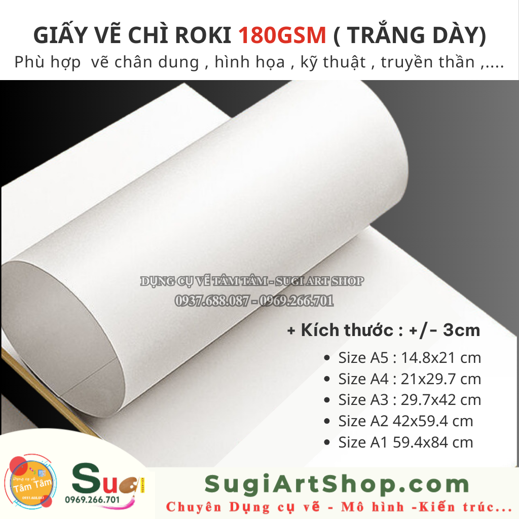 Giấy vẽ chì roki 180gsm - A3 / A4 / A5 - XẤP 10 TỜ  , Trắng dày , giấy vẽ kỹ thuậy , chân dung , hình họa , ... - Dụng cụ vẽ Tâm Tâm