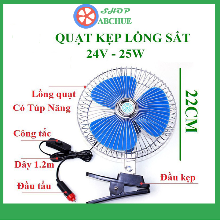 Quạt kẹp trên ô tô cánh màu xanh đường kính 22cm