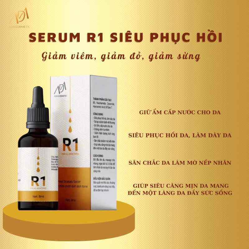 Serum R1 siêu phục hồi, làm dày da, tái tạo và làm lành vết thương, giữ ẩm, cấp nước cho da, giảm hiện tượng kích ứng ban đỏ, săn chắc da và làm mờ nếp nhăn