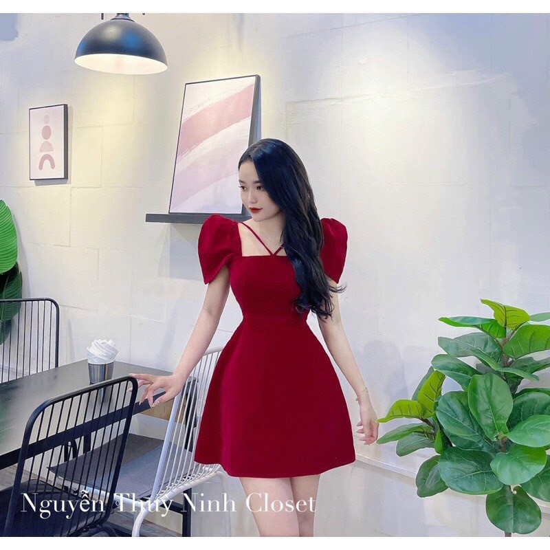 [Mẩu Mới] Đầm Nhung Cứng Cổ Vuông Tay Ngắn