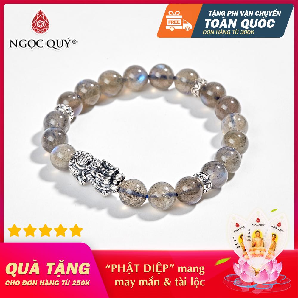[HCM]Vòng phong thủy đá Xà Cừ Xám Ánh Xanh (Đá Labradorite) Phối Charm Tỳ Hưu Bạc 925 8mm - Ngọc Quý Gemstones