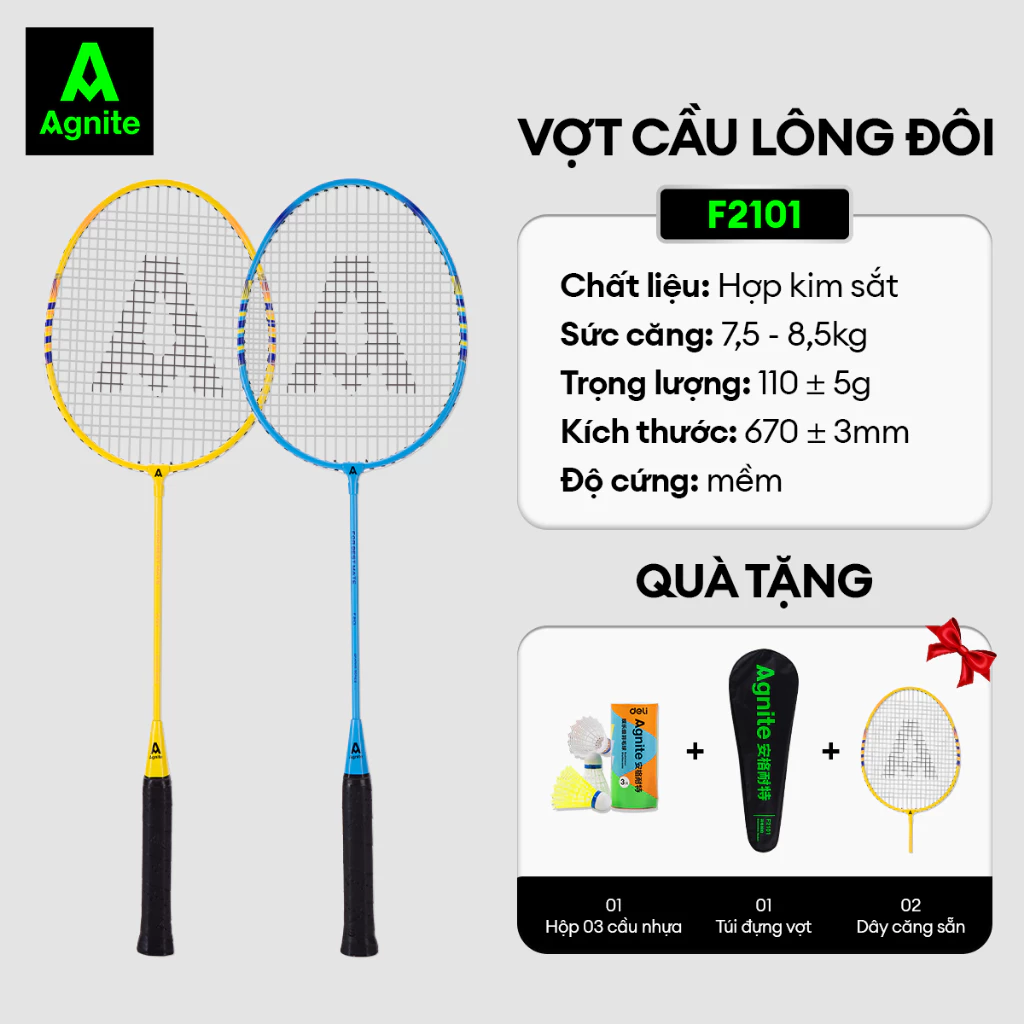 Bộ 2 Vợt Cầu Lông Agnite Chính Hãng Deli F2101 Bao Đựng Siêu Nhẹ Khung Hợp Kim Carbon Cao Cấp