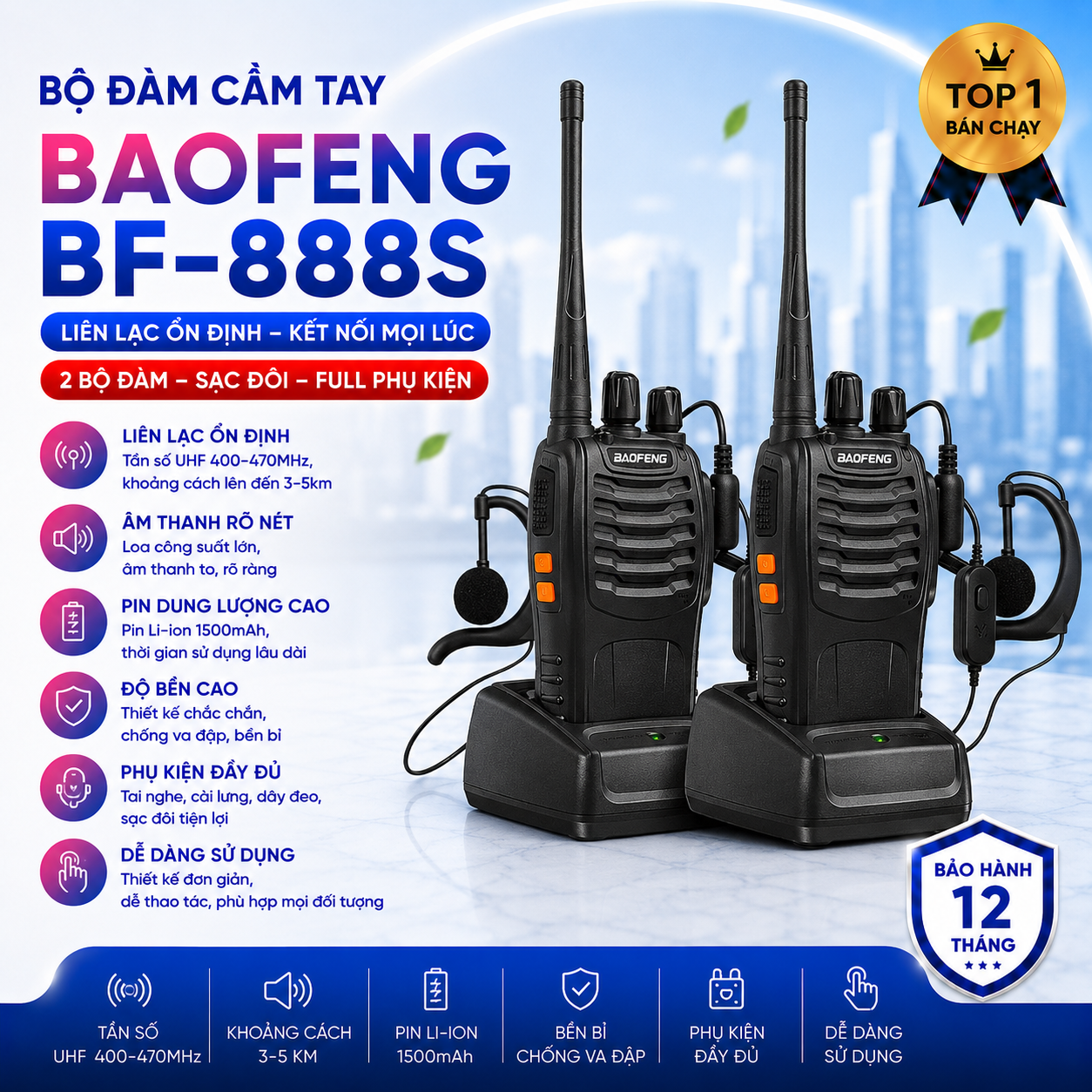 Bộ đàm cầm tay Bộ đàm baofeng BF888s Tặng kèm tai nghe chính hãng bảo hành 3 năm