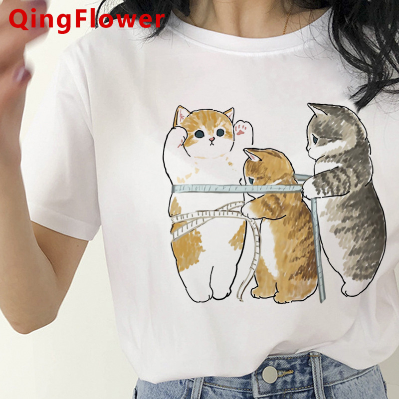 卡哇伊猫搞笑卡通图案T恤女原宿可爱动漫T恤风格时尚T恤上衣T恤女
