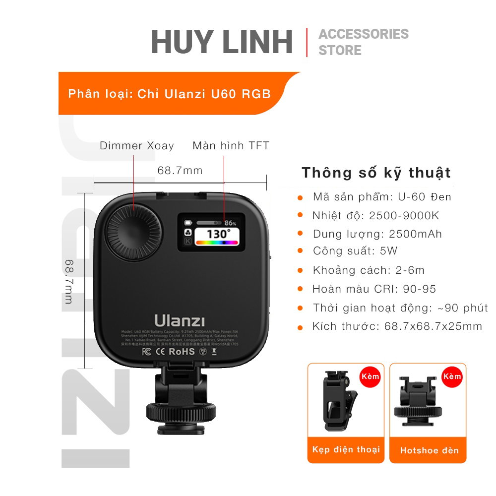 Đèn LED chụp ảnh, quay Vlog Ulanzi VL61 8W Mini Video RGB - Khuếch Tán 3W nhiệt độ 2500K-9000K
