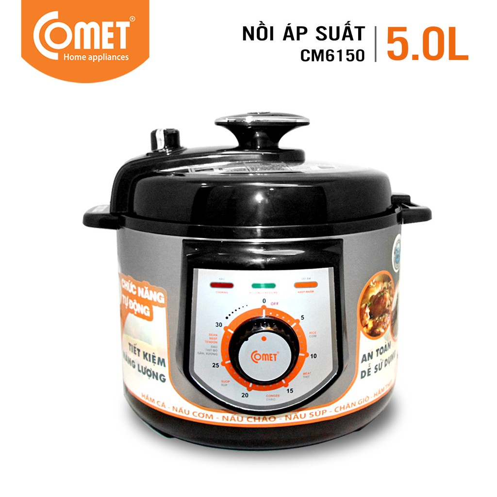 Nồi Áp Suất Comet Cm6150 - Hàng Chính Hãng, Tích Hợp 10 Chức Năng Nấu: Hầm Đậu, Thịt Bò, Gân, Xương Và Nấu Các Món Cơm, ..Lồng Nồi Chống Dính Giúp Vệ Sinh Nồi Dễ Dàng, An Toàn Khi Nấu. Bảo hành 12 tháng.