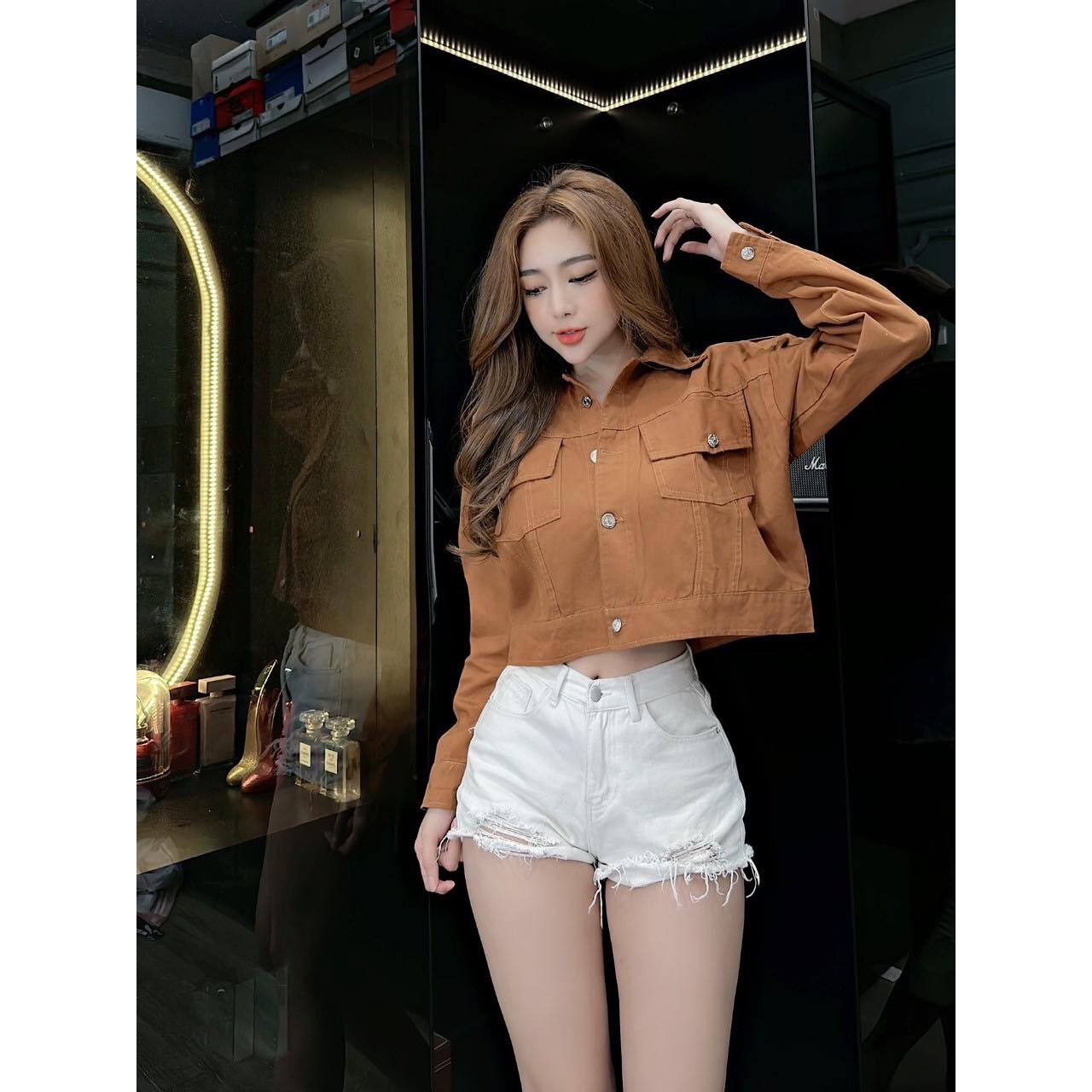 Áo khoác kaki nữ túi hộp cài nút - áo khoác kaki nữ croptop siêu xinh
