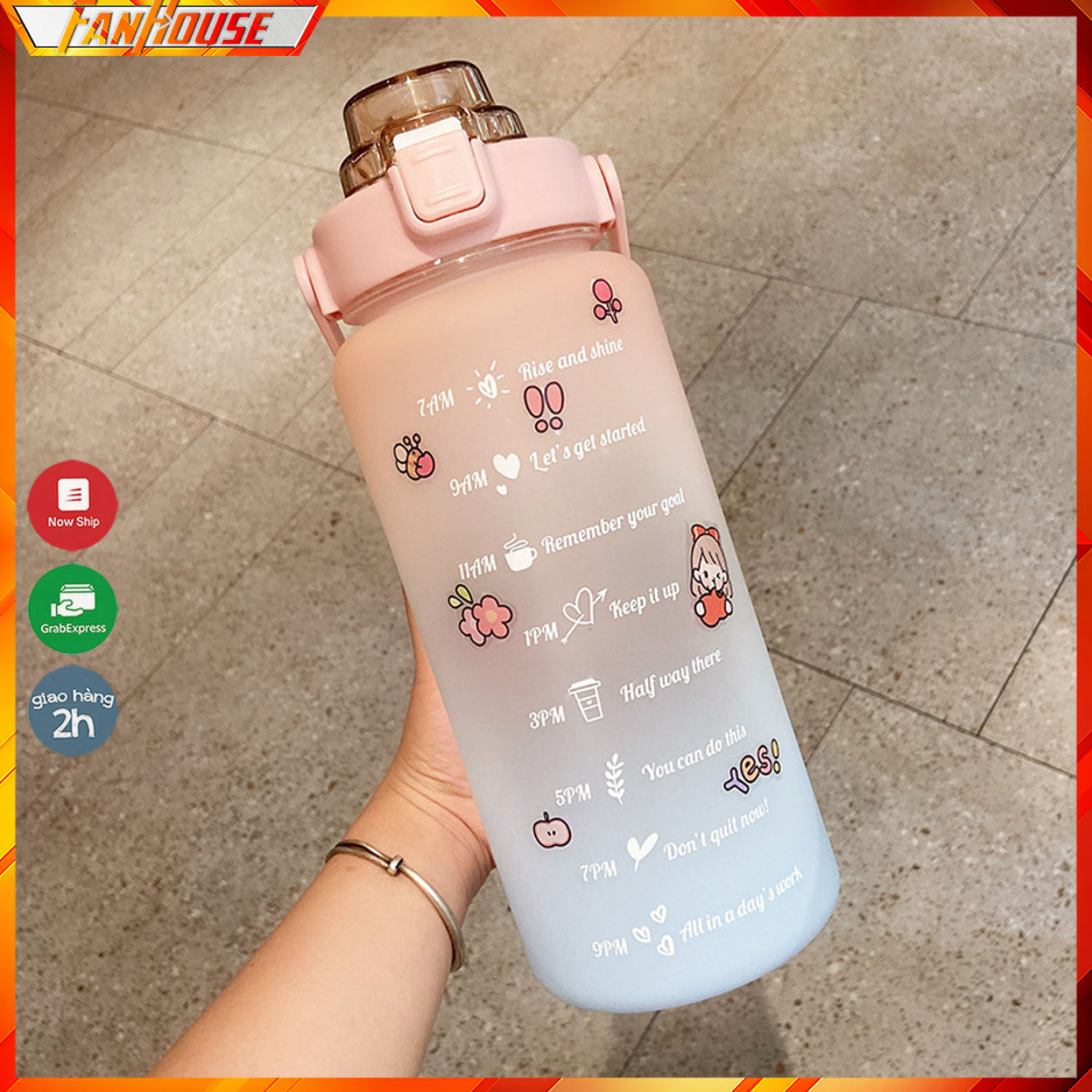 Bình đựng nước 2L dễ thương chia vạch báo giờ nhắc uống nước T3M tặng Sticker bình nước 2lit có ống hút tiện lợi