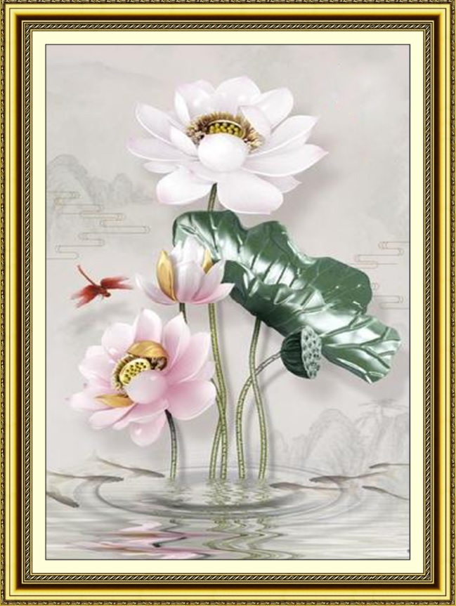 Tranh dán tường VTC Khổ dọc Hoa sen LV-0116K Kim sa nhiều mẫu và kích thước