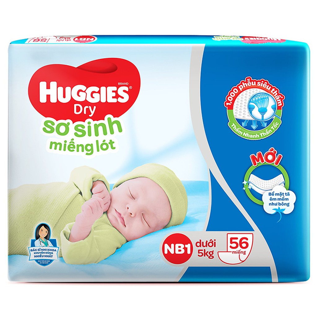 Miếng lót sơ sinh Huggies Newborn 1 (56 tặng 10 miếng)/Newborn 2 (60 miếng)