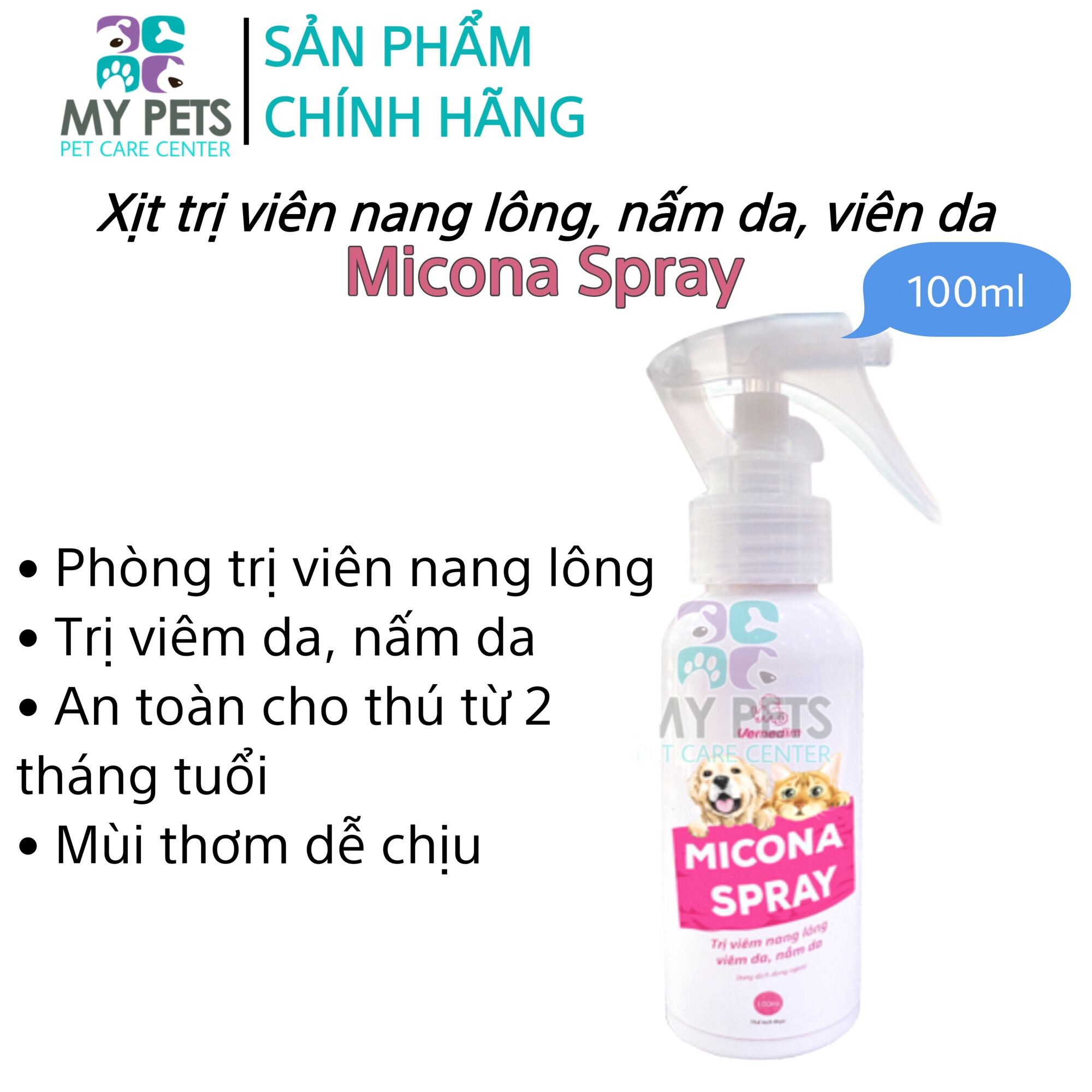 Micona Spray - Trị viêm nang lông, viêm da, nấm da cho chó, mèo, dùng được cho cả chó con và mèo con(VMD) - Chai 100ml