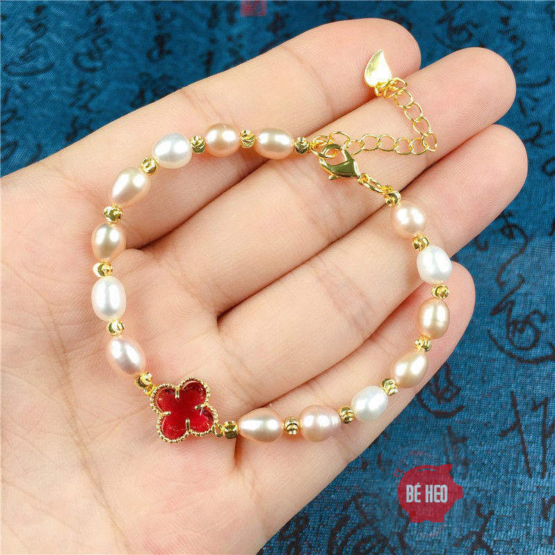 [HCM]Freeship Lắc tay ngọc trai nuôi cỏ 4 lá - Freeship Lắc tay nữ - Trang sức Bé Heo BHLT165