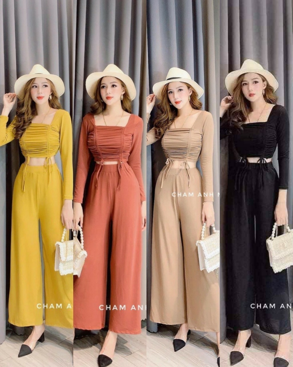 Set Bộ Tay Dài Nhún 2 Đường Eo Quần Ống Rộng Thời Trang dễ thương siêu hot ( BE )