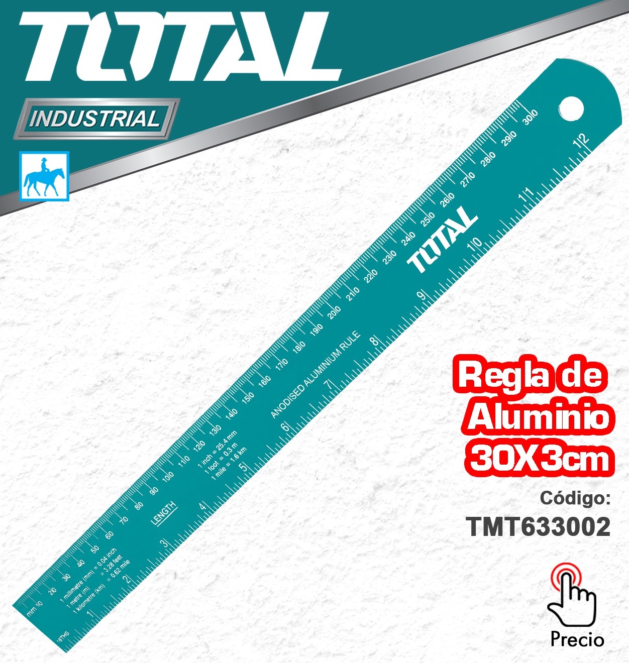 Thước nhôm dài 30cm hệ cm và inch ruler total tmt633002